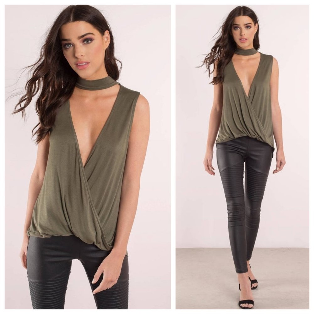 Tobi Olive Green Choker Wrap Draped Tank Top